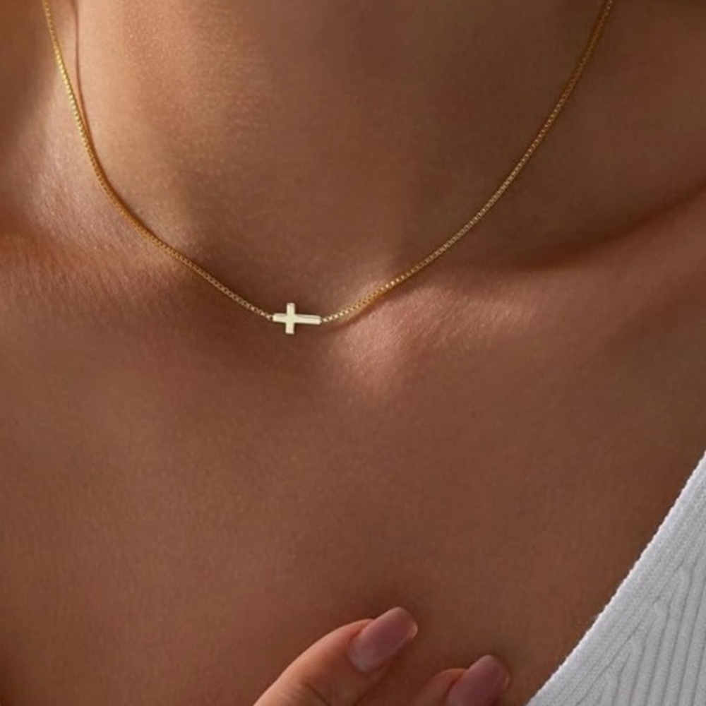 Anthropologie Gold Dainty Cross Necklace with Box Chain 14k over brass ✅